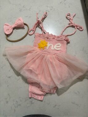 Pink 'One' Tulle Baby One-Piece with Bow Headband
